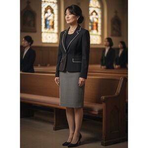 Tahari Skirt Suit Sz 8P Black Grey Church Wear